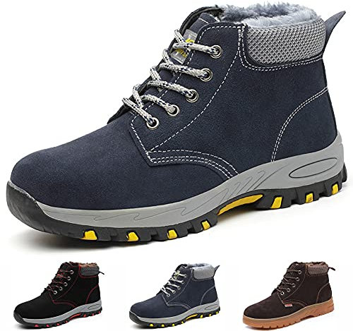 Gainsera Winter Safety Boots Women Men Steel Toe Work Boots with Warm Fur Lining Safety Shoes Trainers Ankle Plush Work Shoes, Blue 7UK 41EU 255