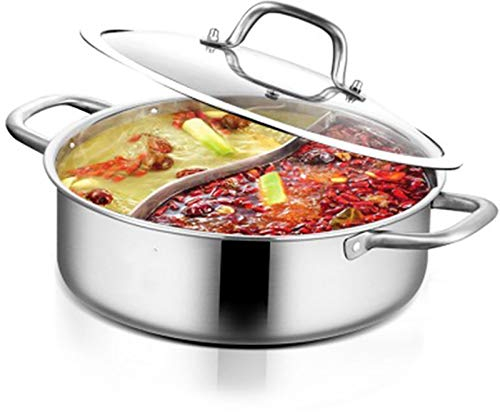 Hot Pot Shabu Pot - Pentola per mandarini con coperchio in vetro e cucchiaio, in acciaio inox con divisore, pentola calda separata per casa, cucina, ristorante, Ø 28 cm