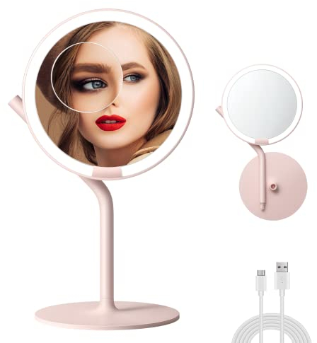 AMIRO Miroir de Maquillage Miroir à LED de 8,5 po avec 5 Niveaux de luminosité, Miroir de Charge grossissant 1X/5X avec lumière, Commande Tactile, Rotation à 180° (Miroir LED en Plastique Rose)