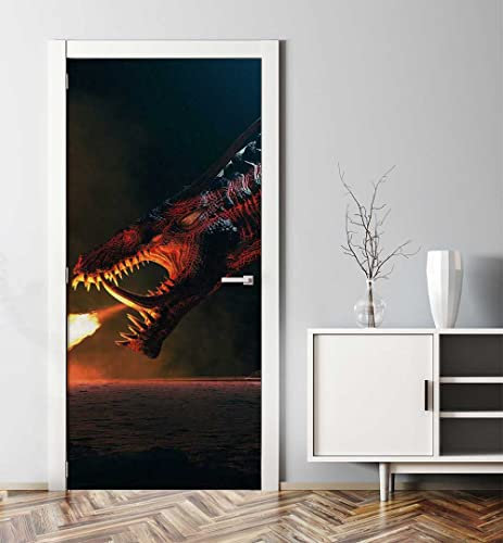 MyMaxxi - Tür bekleben mit Türtapete Türposter Türfolie Selbstklebend 90x200 Zeitalter des Drachenfeuer - Tür verschönern Türaufkleber Türklebefolie Drache Ritter rot