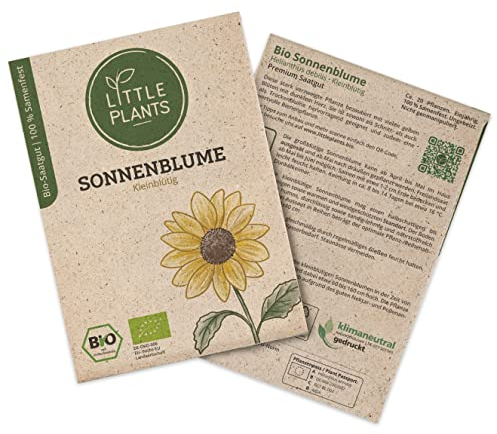BIO Sonnenblumen Samen Kleinblütig, 20 Sonnenblumensamen, hohe Keimrate von Little Plants, Wunderschöne Blume für deinen Balkon und Garten, BIO Blumensamen Nachhaltig Verpackt