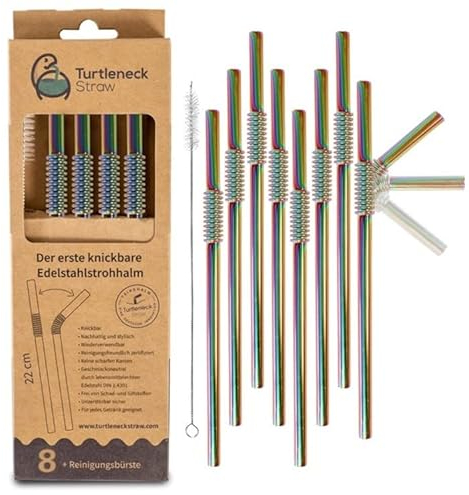 Pailles flexibles | Lot de 8 | La seule paille flexible en acier inoxydable | Brevetées et certifiées hygiéniques | Pailles en acier inoxydable, réutilisables, pailles en métal (argenté) (arc-en-ciel)