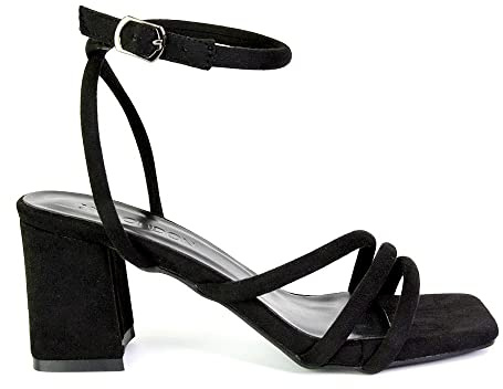 ESSEX GLAM Womens Strappy Sandals Ladies Low Mid Block Heel Ankle Strap Square Toe Shoes Size 3-8