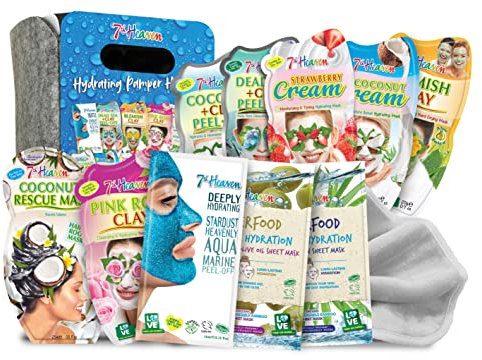 7th Heaven Hydrating Pamper Hamper Gift Set - 9x Gesichtsmasken, 1x Volumizing Hair Masks for Dry Damaged Hair & Soft Cleansing Cloth - Skincare Set with Cream & Peel Off Face Masks