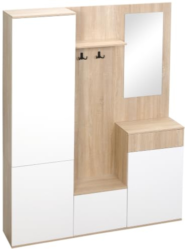 HOMCOM Mobile Attaccapanni da Ingresso 4 in 1 Legno Naturale e Bianco | Specchio, Ganci e Ripiani Regolabili Interni, Mobile da Ingresso Multiuso in Legno con Cassetto, 145x29x184 cm