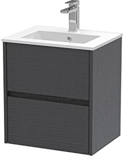 Hudson Reed HAV2202B Havana Wall Hung 2 Drawer Vanity Unit & Minimalist Ceramic Basin, 500mm, Woodgrain Graphite Grey