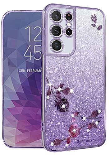Yarxiawin Custodia per Samsung Galaxy S21 Ultra 5G Silicone Morbido, Rosa Effetto Glitter per Samsung S21 Ultra Cover Trasparente Sottile Fiore Antiurto Case Brillantini (Viola)