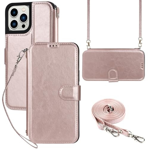 ELTEKER for iPhone 12 Pro Max Phone Case with Shoulder Strap Crossbody Lanyard, PU Leather Flip Cover Wallet Case with Card Holder for iPhone 12 Pro Max (6.7 Inch)- Rose Gold