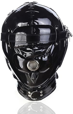 Kutocesy Latex Maske mit Augenbinde Verstellbar Geschlossen Fetisch Haube Leder Bondage Masken BDSM Sex Spielzeug für Paar (Gloss Black)