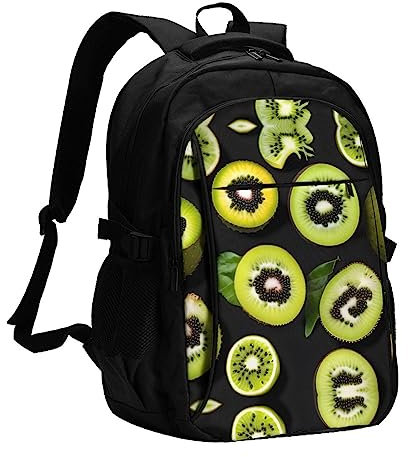 ZYVIA Green Kiwi - Borsa porta computer unisex con porta di ricarica USB, multi-scomparto, grande capacità, ideale per scuola, escursionismo, campeggio, zaino per computer portatile, Nero , Taglia