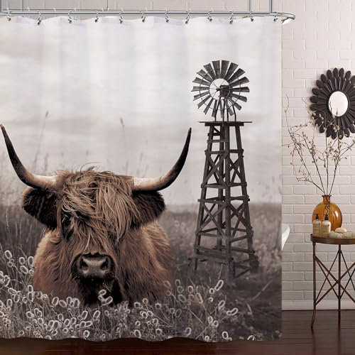 Laifzere Rustikaler Duschvorhang für Badezimmer und Badewanne, Motiv: Highland Cow, 152,4 x 183,9 cm, wasserdicht, Bauernhaus, Western, Stier, Rinder, Windmühlen-Thema mit Haken