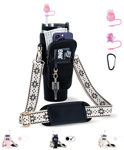 Upgraded Stanley Cup Carrier Bag Accessories for 30oz/40oz with Phone Pocket Tumbler Water Bottle Holder with Adjustable Strap with 2 Straw Covers &1 Carabiner (Beige)