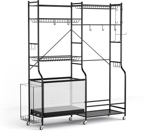 SPOTRAVEL Garage Sports Equipment Organizer, Metal Ball Storage Rack with Wheels, Basket, 5 Adjustable Shelves & 13 Hooks, Extra Large Rolling Sports Gear Storage Cart for School Gym Playground