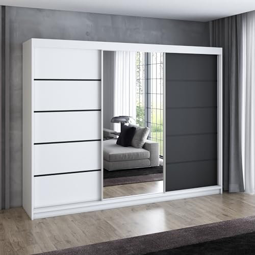 A&J MöbelLand Schwebetürenschrank VILANO 2, 3-türig Schrank 200 cm Kleiderschrank mit 4 Schubladen, und Spiegel (Weiß, Schwarz, Somona) (Weiß/weiß/schwarz)