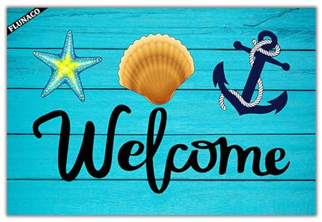 FLUNACO Welcome Mat, Nautical Anchor Entrance Door Mat, Nautical Door Mat, Beach Starfish Door Mats 23.6 x 15.7