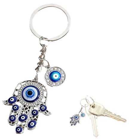 Teufelsauge Schlüsselanhänger, Schlüsselanhänger Böser Blick, Böses Auge Schlüsselanhänger, Blaue Augen Schlüsselanhänger, Evil Eye Schlüsselanhänger, Evil Eye Keychain Hamsa Fatima Hand (Silber)