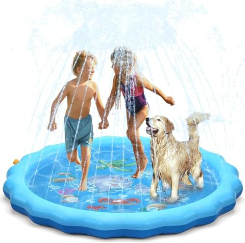 GLINKADO Tappetino per Spruzzi d'Acqua per Bambini e Animali (170cm), Piscina Gonfiabile Antiscivolo con Giocattoli d'Acqua, Gioco Estivo per Giardino All'aperto, Modello Delfino e Stelle Marine