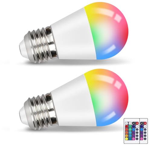 muyuua Modern E27 Glühbirne RGB Dimmbar Lampe - 2er Pack Warmweiß Leuchtmittel 4W 3000K Birne mit Fernbedienung Farbwechsel Farbige für Party Bar KTV - 16 Farbe 4 Dynamic Modes