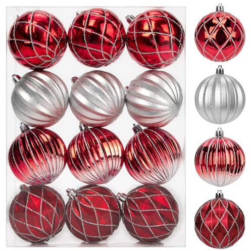 Arborus 12 Stück Weihnachtsbaumkugeln 8 cm Weihnachtskugel Set Geriffelt Christbaumkugeln Rot Kunststoff Kugeln für Christbaumschmuck Weihnachtsbaumschmuck Tannenbaumdeko Türkranz Deko Weihnachtsdeko