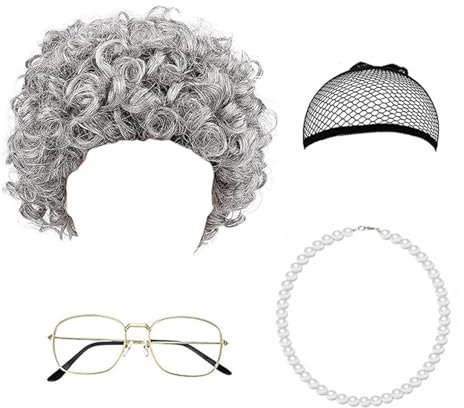 4 Stück Old Lady Kostüm Zubehör Set, Oma Perücke Perücke Kappe Oma Brillen Ketten Perlenkette, Alte Dame Kostüm Accessoire Set