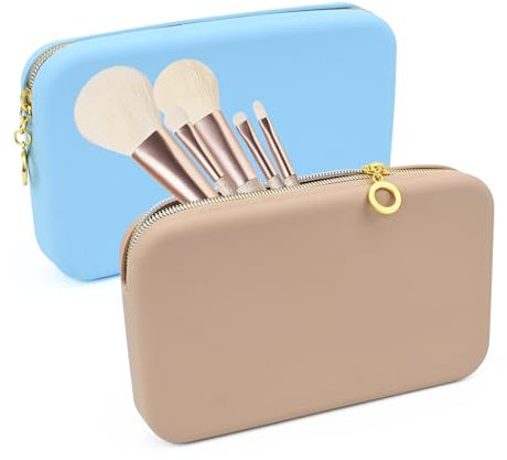 Bekecidi Silicone Makeup Brush Holder, Large Travel Makeup Bag with Zipper, Portable Cosmetic Case Makeup Brush Bag, Elegant Makeup Brush Organiser for Women Girls (Khaki & Blue)