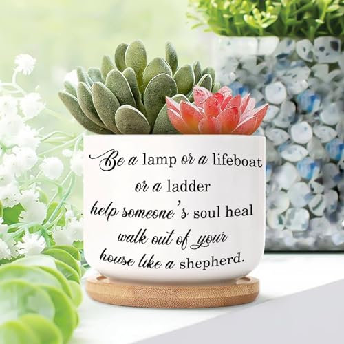 Yelolyio Be A Lamp Or A Lifeboat Or A Ladder. Help Someone’s Soul Heal Planters Ceramic Quote Sayings Round Flower Pot With Drainage Holes And Bamboo Tray Pot For Succulents Cactus Garden Windowsill