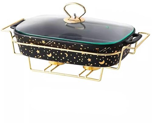 SUPBEI Pirofila in Ceramica con Coperchio in Vetro, Teglia con Manici, Articoli da Forno per Decorazioni Domestiche con Griglia Dorata, Vassoi Riscaldanti per Buffet, Matrimoni,Black-Large