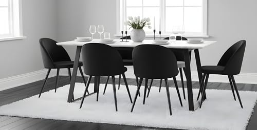ebuy24 Essgruppe mit 6 Stühlen - Malaga Esstisch 90x200 cm Weiß mit 6 Skagen Stühlen Schwarz Velours skandinavisch Esszimmerset Tischgruppe 6 Personen Skandi Design Essbereich