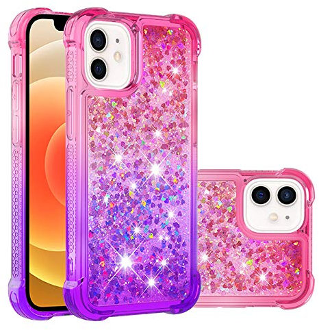 SIYOPINPFY Glitter Case for iPhone 12 Mini, Transparent Slim Bumper Case Bling Sparkle Flowing Liquid Case for iPhone 12 Mini, Shockproof Clear TPU Cover for iPhone 12 Mini 5.4 Pink Purple YBJB
