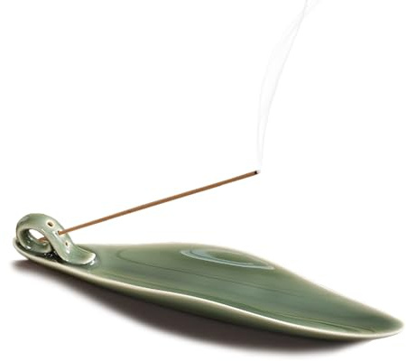 9 Length Incense Stick Holder with 3 Holes, White Porcelain Incense Tray Ash Cather for Spa, Meditation Room, Yoga, Home, Office (Green)