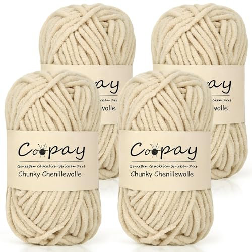 Coopay Wolle zum Häkeln,4 x 50g Chunky Wolle zum Häkeln Dickes Garn, Flauschige Dick Wolle zum Handstricken, Beige
