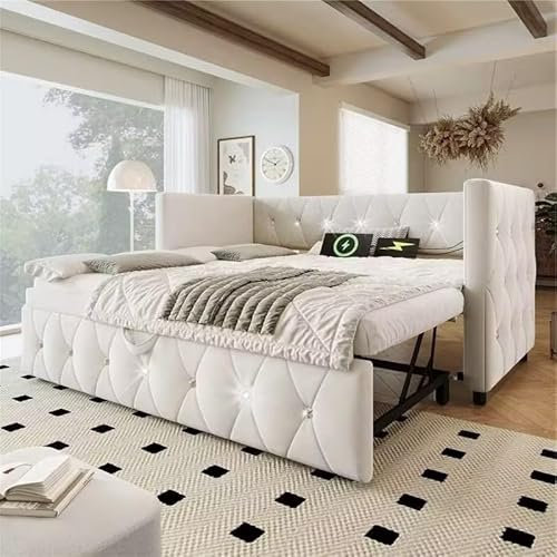 BTM Daybed with Trundle, Pull Out Bed with USB &Type C Charging Sations, Upholstered Single Bed with Trundle, Velvet Single Sofa Bed, 3FT-90x190cm, Beige, No Mattress