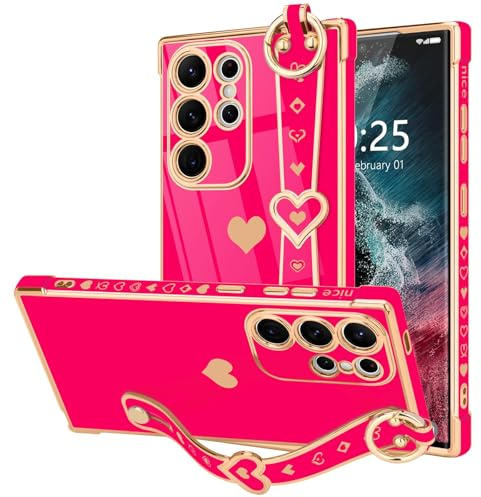 LLZ.COQUE for Samsung S22 Ultra Case Wristband Plating Heart, Hot Pink | Adjustable Hand Strap Stand, Cute Heart with Luxury Gold-plated Design Phone Case, Shockproof Silicone Cover for Girls Women