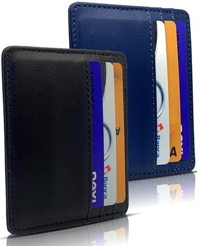 AMABILEMIA Porta carte di credito uomo 2 pezzi slim in pelle PU portacarte donna piccolo portatessere tascabile portadocumenti tessere portafoglio sottile unisex (Nero-Blu)