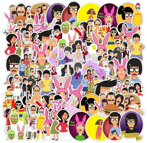 64 Stück/Lot Bobs Burgers Aufkleber, wasserdichte Vinyl-Anime-Aufkleber, Aufkleber für Laptop, Wasserflasche, Gitarre, Reisegeschenk für Kinder, Teenager, Erwachsene, Mädchen, Jungen