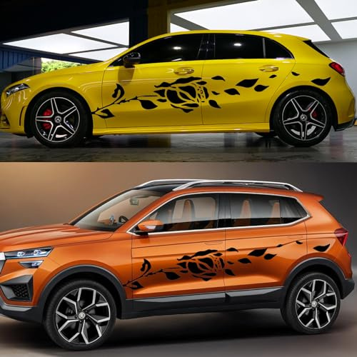 2Pcs Auto Karosserie Seite Aufkleber Rosenblume Dekorative Auto Aufkleber,Universal Große Vinyl Grafik Florale Körper Selbstklebende Aufkleber für Auto/LKW/SUV(Schwarz)