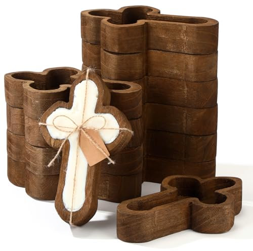 Tioncy 12 Pcs Cross Wooden Dough Bowls Bulk Decorative Wood Dough Bowls for Decor with Card Vintage Hand Carved Paulownia Wood for First Communion Baptism Church Wedding Farmhouse Decor DIY Crafts