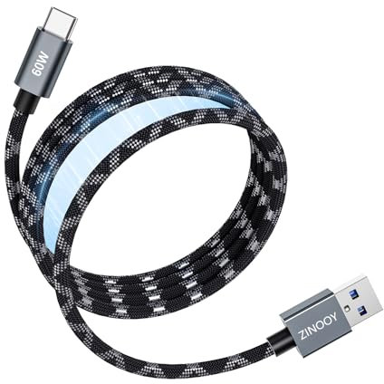 Zinooy Câble Mgnétique USB C, 60W USB-A vers USB-C Charge Rapide, 1M Coiffé Tissu en Nylon Robuste, Compatible avec iPhone 16/15, Samsung Galaxy S24/S23, Huawei