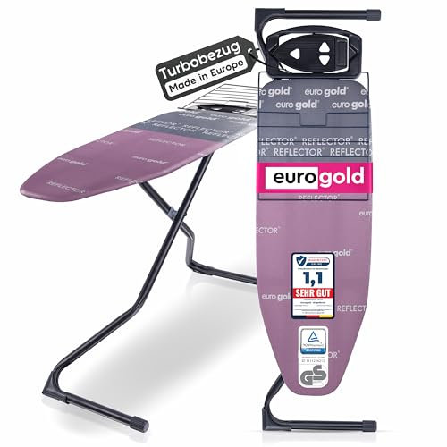 EUROGOLD® Premium Bügelbrett 120x42cm [INKL. TURBOBEZUG & ABLAGE] - Bügeltisch mit rutschfesten Füßen (Made in Europe) Bügeltisch Ironing Board - Stabil & Höhenverstellbar - Bezug aus 100% Baumwolle