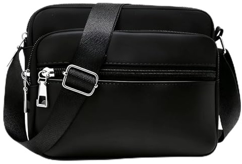 Jidyllic Cross Body Bag for Women,Black Nylon Shoulder Bags with 3 Zip Compartments Lightweight Large Capacity Handbag for Ladies Girls Casual Travel Purse
