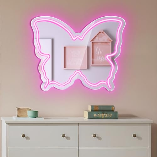 Butterfly Neon Sign Mirror, 15.75 x 12 Pink Neon Vanity Mirror with Adjustable Brightness, USB Wall Decor for Girls and Women, Bedroom, Makeup Room, Party, Birthday Gift
