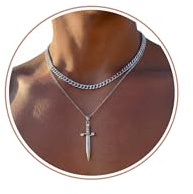 BMMYE Silver Chain for Men,Stainless Steel Layered Sword Pendant Non Tarnish Adjustable Mens Chain Sturdy Compass Mens Necklace Gold Chains for Men