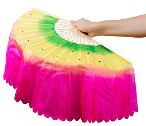 LKDCNUP Belly Dance Fan,Chinese Short Bellydance Bamboo Half Circle Silk Veil Pairs Yangko Fans Red