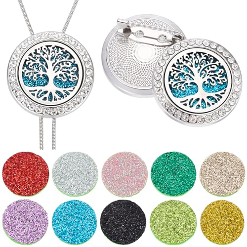 SUNNYCLUE 1Pc Essential Oil Necklace 1Pc Aromatherapy Diffuser Brooch with 10Pcs Refill Pads Set Tree of Life Round Hollow Metal Oil Diffuser Locket Pendants for Women Men Birthday Gifts Yoga Jewelry