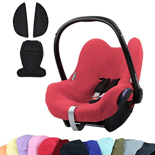 BAMBINIWELT KOMBI-ANGEBOT Sommerbezug, Schonbezug, Bezug aus Frottee + Gurtpolster für Maxi Cosi CabrioFix (coral +schwarz)