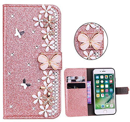 Glitter Wallet Case for iPhone 6 Plus 6s Plus 5.5 Rose Gold Glitter Luxury Magnetic Bling Glitter PU Leather Flip Case Wallet 3D Diamond Butterfly Flowers Wallet Buckle Protective Cell Phone Cases