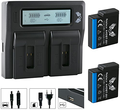2X SK Akku für GoPro Hero 2018 Hero 5 Hero 6 Hero 7 Black | 1250mAh + LCD Dual Ladegerät für GoPro Hero5 Hero6 Hero7 AABAT-001 AHDBT-501