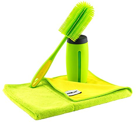 Kochblume Reinigungs-Set | Silikon Spülbürste & Dosierspender & Geschirrtuch 60x40cm | Premium-Silikon und extra saugfähige Fasern | Poliertuch | Dosieröffnung und Sichtfenster | Farbe: limette