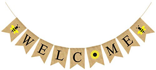 Amosfun Welcome Banner Burlap Sign hanging Bunting Flags Garland with Bee Decoration for Housewarming Thanksgiving Day Wedding Party Supplies
