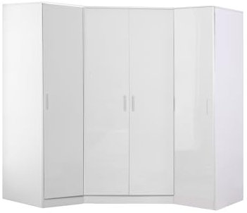 Reflect 3 Piece Bedroom Furniture Bundle - 2 Door CORNER +2x Single PLAIN Wardrobes (H: 180cm x W: 141cm x D: 141cm) (White Gloss/Matt White)